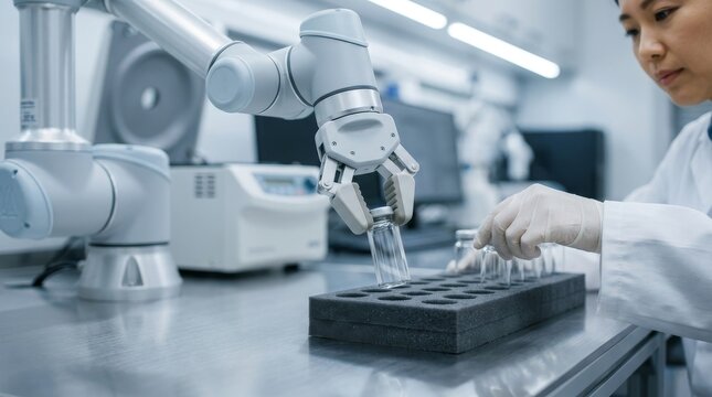 Close-up of a cobot gripper closing around a glass vial in a lab rack