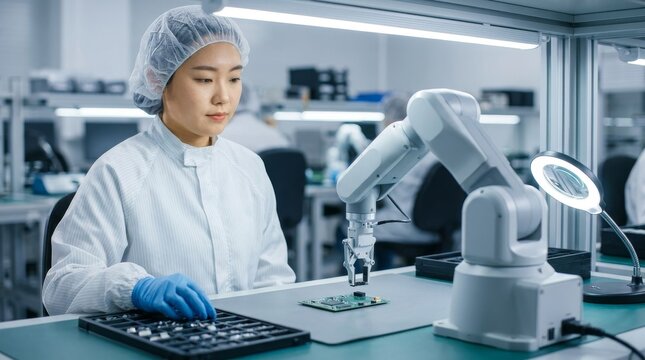 Precision assembler seated beside a tabletop cobot placing an electronic component
