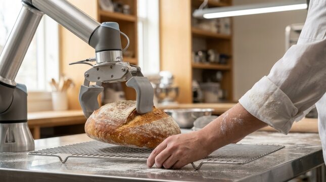 Close-up of a cobot soft gripper lifting a loaf of bread from a cooling rack