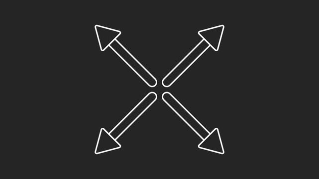 Animated of simple white outline icon of four arrows diverging from a central point, symbolizing expansion, fullscreen, or resizing in modern user interfaces and applications. 