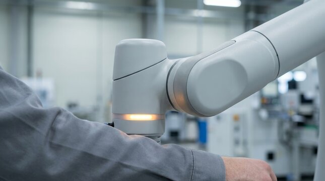 Close-up of a cobot joint pausing before contact with a worker's forearm