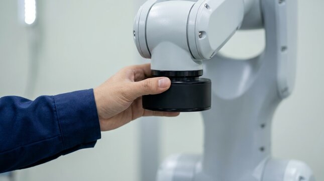 Close-up of a cobot wrist-mounted force sensor housing
