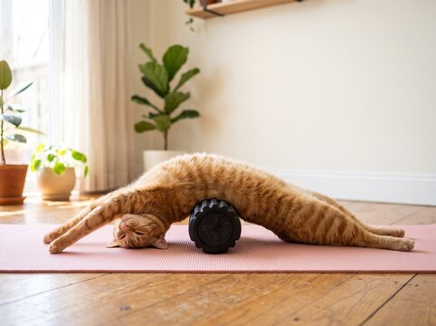 Ginger cat stretching on a foam roller on a yoga mat at home