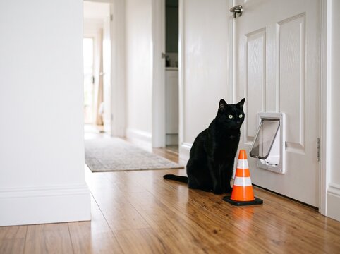 Black cat sitting by a pet door with a small orange traffic cone