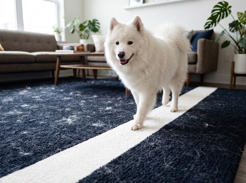 White Samoyed dog walking on a dark blue rug in a modern living room