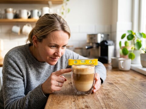 Woman checking coffee foam level with a spirit level in a kitchen