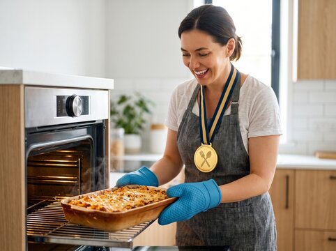 Woman wearing a cooking medal taking a hot casserole out of an oven