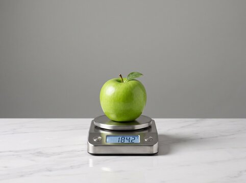 Green apple placed on a digital kitchen scale on marble surface