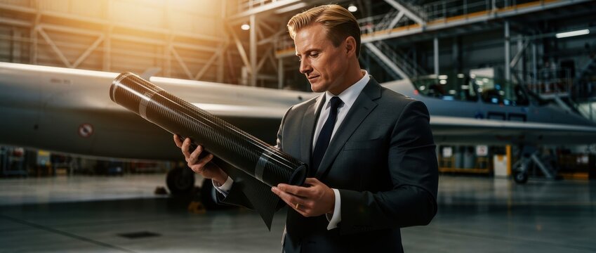 Businessman inspecting carbon fiber roll in an aircraft hangar. Engineer examining lightweight materials beside a modern jet. Aerospace manufacturing concept for industrial technology marketing.