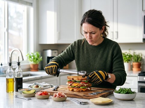 Woman using a torque wrench to tighten a large sandwich in kitchen