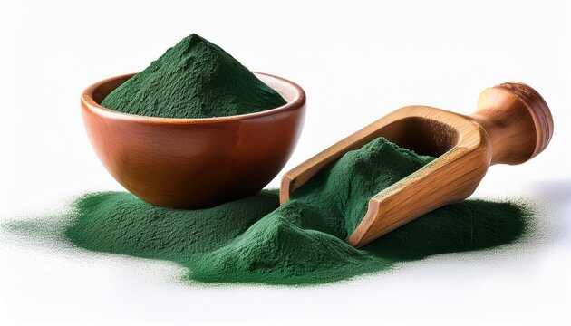 Wooden Scoop And Bowl Full Of Spirulina Powder Isolated On White