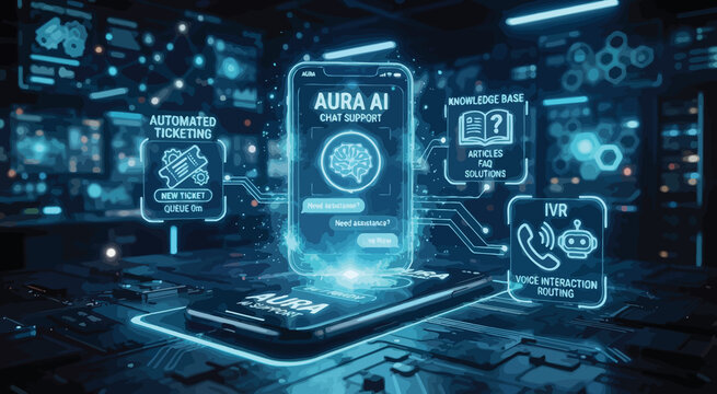 Advanced artificial intelligence chat support interface with automated ticketing system and voice interaction routing for customer service needs