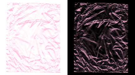 Fototapeta premium Pink crumpled plastic texture set, wrinkled cellophane wrap backgrounds, shiny metallic foil overlay for graphic design and packaging