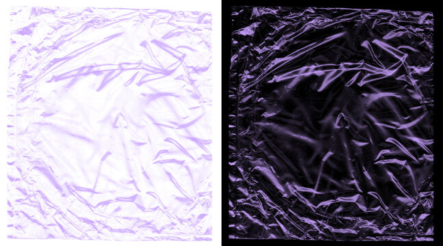 Crumpled plastic wrap texture set, purple cellophane overlay on black and white backgrounds, wrinkled transparent film for graphic design