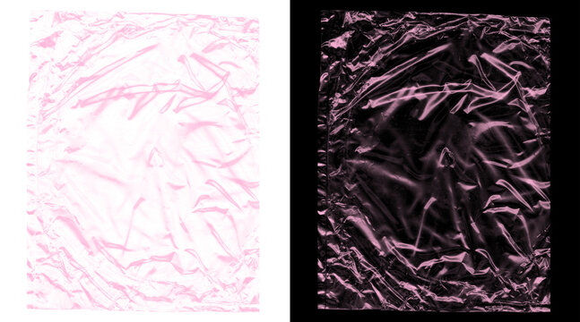 Pink crumpled plastic texture set, wrinkled cellophane wrap backgrounds, shiny metallic foil overlay for graphic design and packaging