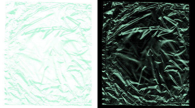 Crumpled plastic texture set, teal wrinkled cellophane foil background, abstract creased film overlay for graphic design