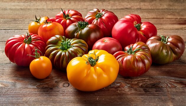 A Variety Of Fresh Multicolored Tomatoes On A Wooden Table