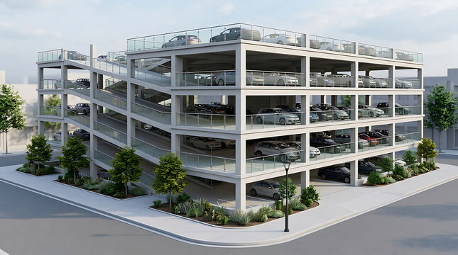 Contemporary multi-story parking garage structure in a bustling urban environment, designed for efficient vehicle storage