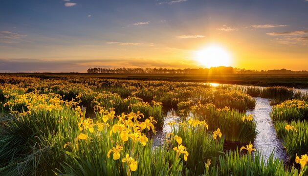 Beautiful Sunset Over The Dutch Wet Polder Landscape With Yellow Iris Flowers Iris Pseudacorus Illuminated By The Setting Sun