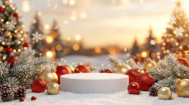 Luxury 3D Christmas Podium Background with White Pedestal and Festive Red Gold Ornaments - Variation 41
