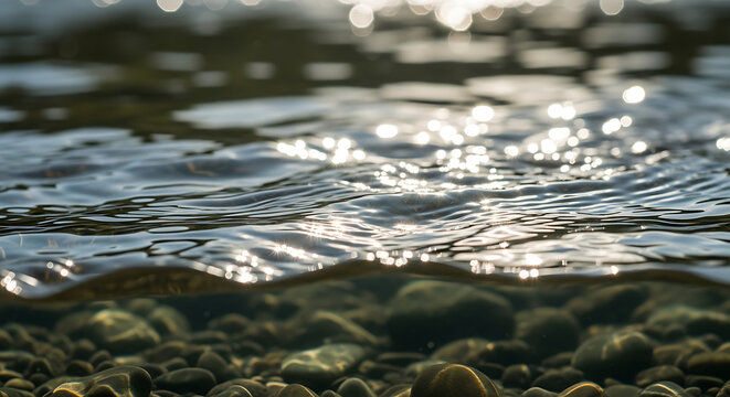 Close up shot of crystal clear river water surface tension with ripples and sun sparkles macro texture