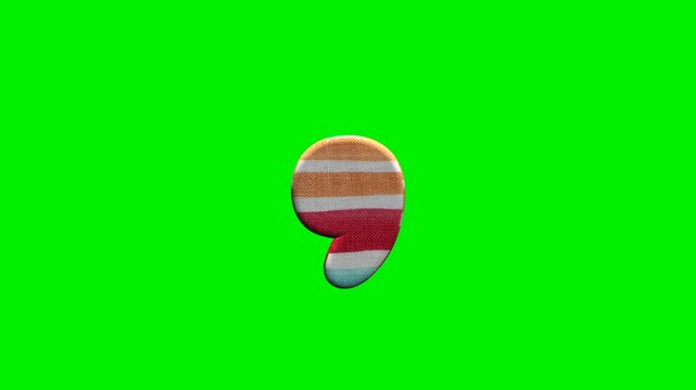 Fabric striped comma punctuation mark on green screen background