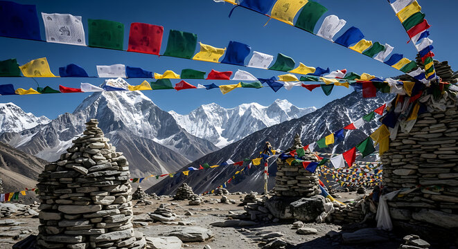 High Mountain Pass with Prayer Flags and Panoramic View of Himalayan Peaks