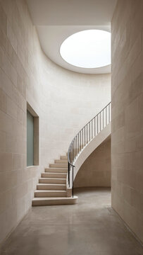 Minimalist circular staircase with natural overhead lighting inside a contemporary stone architecture hallway
