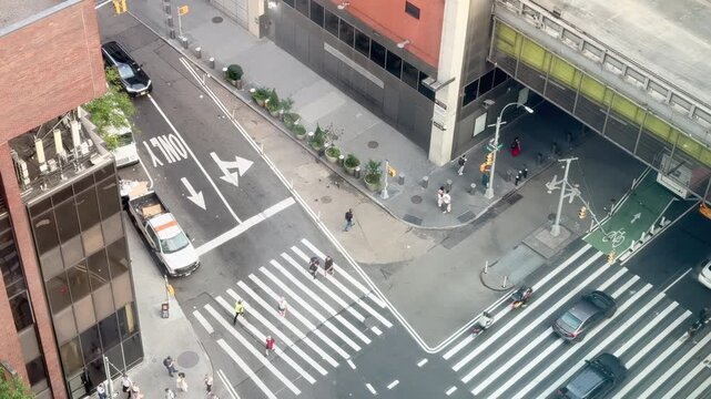 Looking down at street traffic next to Port Authority bus terminal NYC