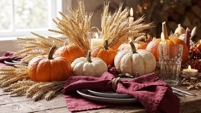 Thanksgiving Table Centerpiece With Pumpkins Wheat And Candles