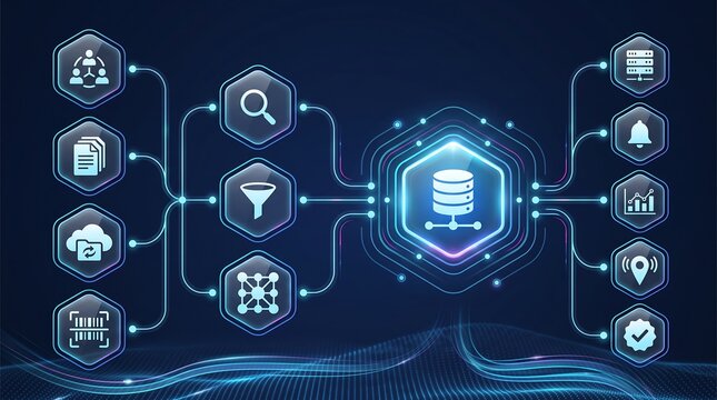 Centralized database management interface with hex network hub connected to data filtering and search tools and cloud storage analytics on dark blue futuristic background vector art