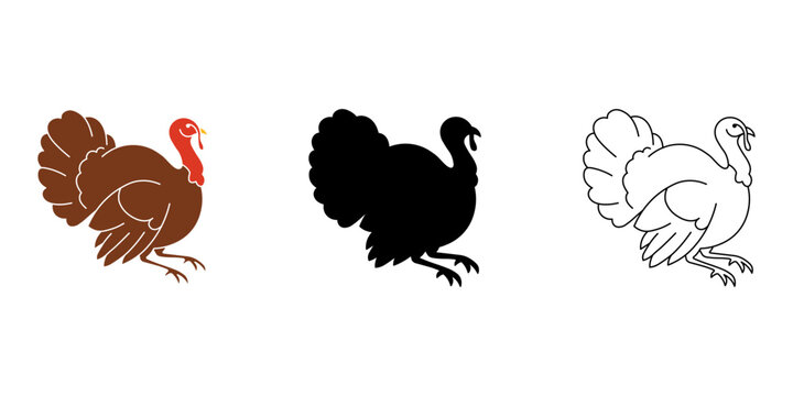 Set of three turkey icons, including a colored illustration, a solid black silhouette, and a simple line art drawing