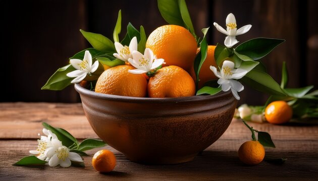 A Rustic Bowl Filled With Orange Blossoms And Unripe Oranges On A Wooden Table