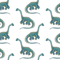 Cute hand painted blue long neck dinosaurs with orange spots arranged in a playful seamless pattern for children's designs, nursery decor and creative projects on transparent background  © Mariia