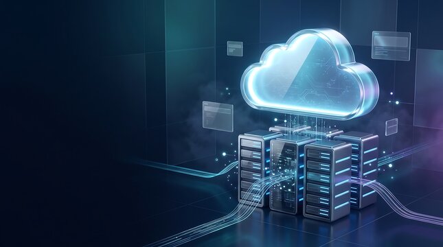 Data center server racks with glowing cloud symbol representing digital storage and network infrastructure connectivity in a dark high tech environment for modern cloud computing concepts