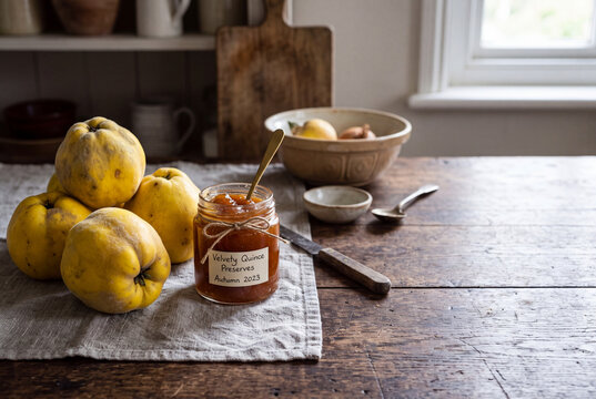 Elevated Tabletop Shot of Golden knobby heirloom quince fruit Var 31 u