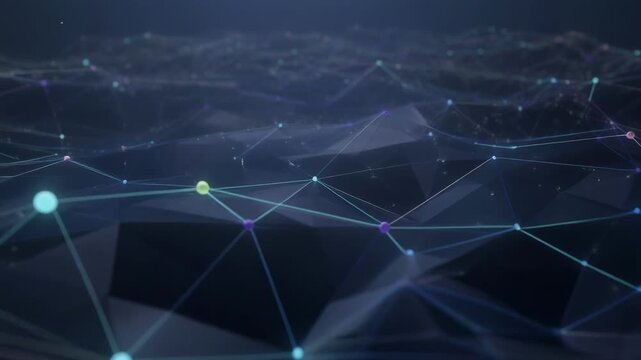 Dynamic network visualization of interconnected nodes and lines evolving in abstract digital space