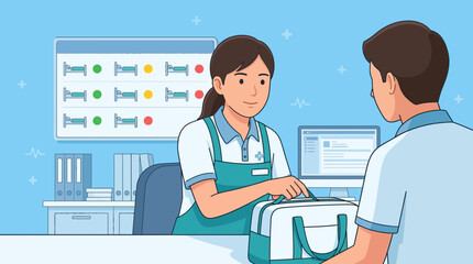 Fototapeta premium Nurse giving medical bag to patient at reception