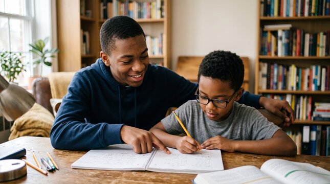 Supportive teenager helping a younger boy complete homework together at a table in a cozy home library