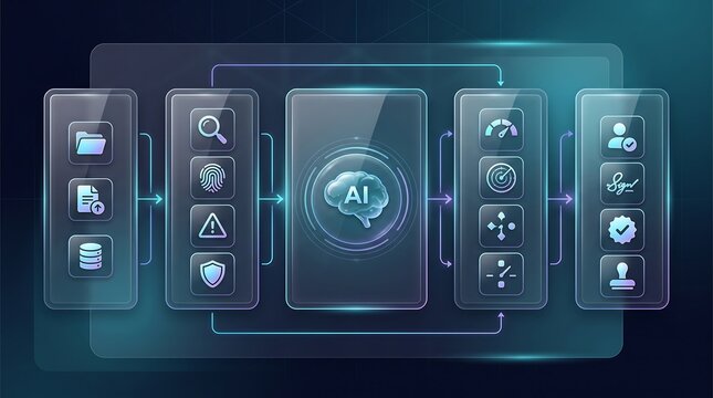 Advanced artificial intelligence process workflow with glowing brain icon and glass morphism UI elements illustrating data management and automated business logic systems design