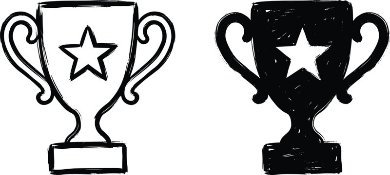 Hand drawn trophy cup icons with star symbol, doodle style vector illustration set