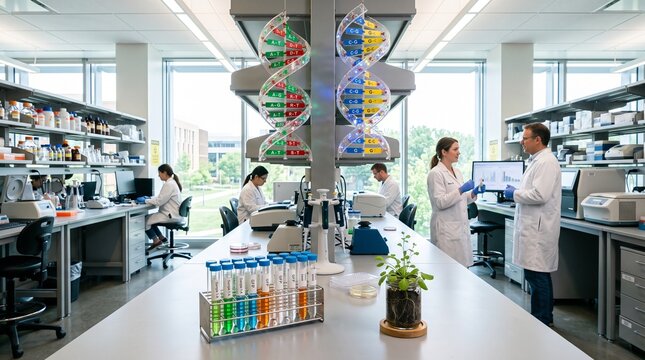 Modern laboratory with DNA model and researchers