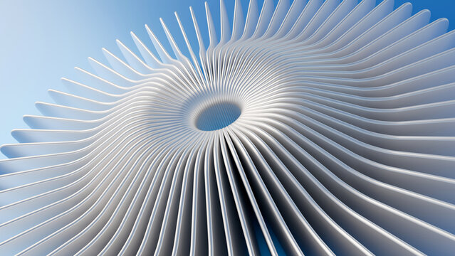 Abstract white 3D radial fin circular render on blue background. Great for modern tech presentation slides, corporate branding, futuristic UI designs, and wallpapers