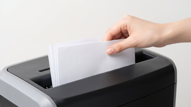シュレッダーに書類を投入して個人情報を破棄する手元