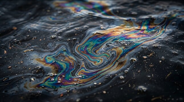 Iridescent oil slick floating on wet dark asphalt surface