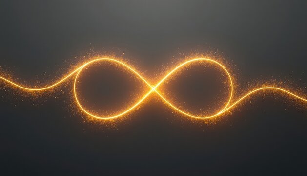 Glowing golden infinity symbol made of shimmering light particles with abstract background shimmering dust bokeh effect endless loop light trail magical sparkle digital art dynamic flow