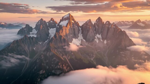 Experience breathtaking aerial journey over majestic mountain peaks and drifting clouds with stunning natural landscapes