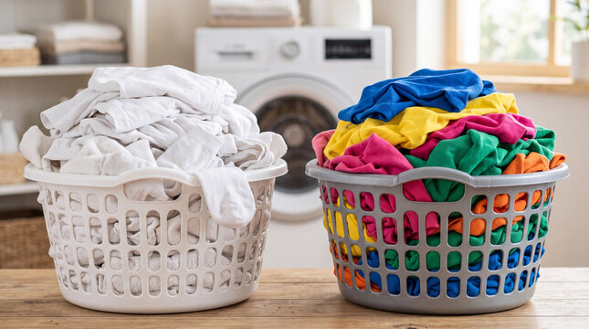 Sorting laundry with white clothes and colorful clothes in plastic baskets front of washing machine