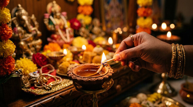 Lighting a traditional diya lamp during Hindu puja ceremony