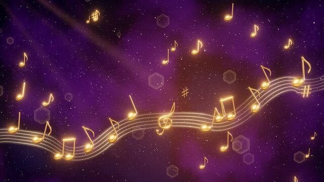 Golden music notes flowing along a glowing musical staff through purple nebula haze with sparkling gold dust and bokeh, seamless loop 4K background
